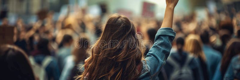Back view of a woman with long hair raising her arm at a protest, amidst a sea of people.  AI generated. Back view of a woman with long hair raising her arm at a protest, amidst a sea of people.  AI generated