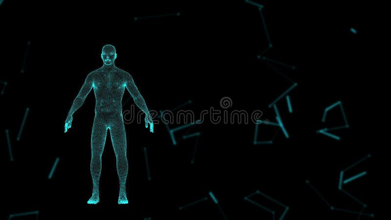 Achtergrond met animatie van abstracte interface Menselijk lichaam, hoofd, handen, Menselijke Anatomie Menselijke Avatar op Virtu