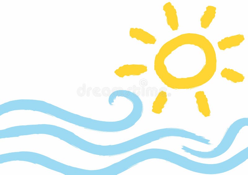 Achtergrond met golven en zon met ruwe borstel met de hand wordt getrokken die Imitatie van de waterverftekening van kinderen Gru royalty-vrije illustratie Achtergrond met golven en zon met ruwe borstel met de hand wordt getrokken die Imitatie van de waterverftekening van kinderen Gru royalty-vrije illustratie