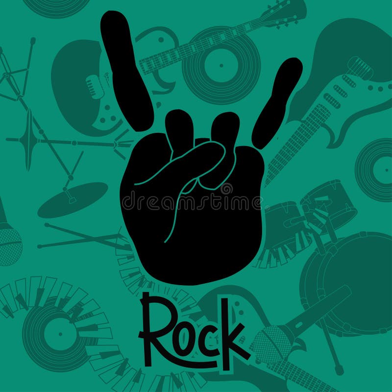 Hand in rock and roll sign on a background of musical instruments. Hand in rock and roll sign on a background of musical instruments