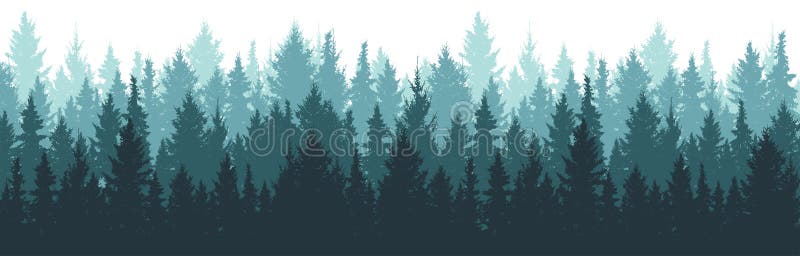 Achtergrond, natuur, landschap Pine, sparren, kerstboom Fog van evergroene naaldbomen Silhouette-vector