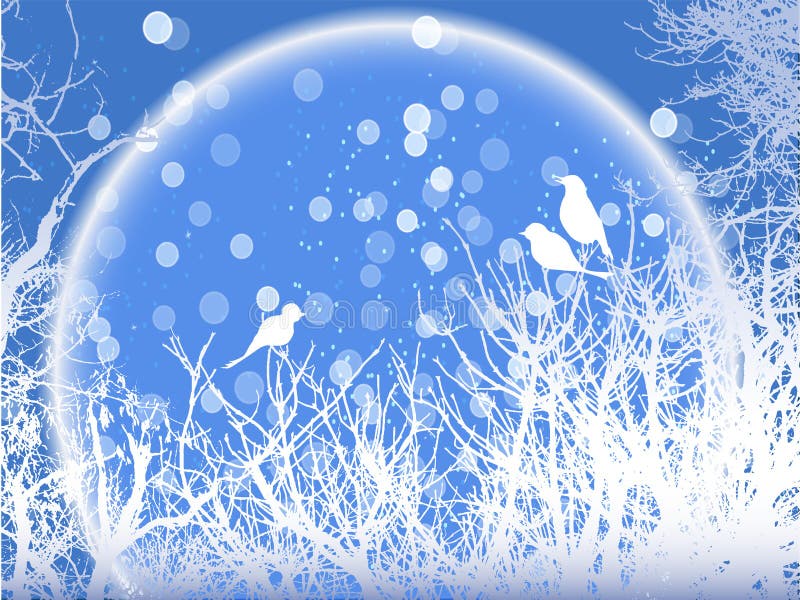 Achtergrond van de winter sneeuwbomen met vogels en sneeuwvlokken stock illustratie Achtergrond van de winter sneeuwbomen met vogels en sneeuwvlokken stock illustratie