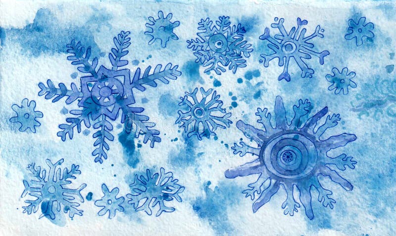 A background of chaotically placed snowflakes of different shapes and sizes. Different shades of blue and white spots. Watercolor blur. Snowflakes are outlined in blue. Blue dots and other decor. A background of chaotically placed snowflakes of different shapes and sizes. Different shades of blue and white spots. Watercolor blur. Snowflakes are outlined in blue. Blue dots and other decor.