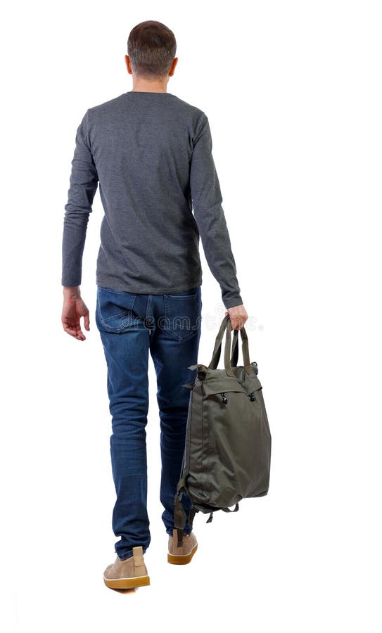 Achtermening van de lopende mens met groene zak stock fotografie Achtermening van de lopende mens met groene zak stock fotografie