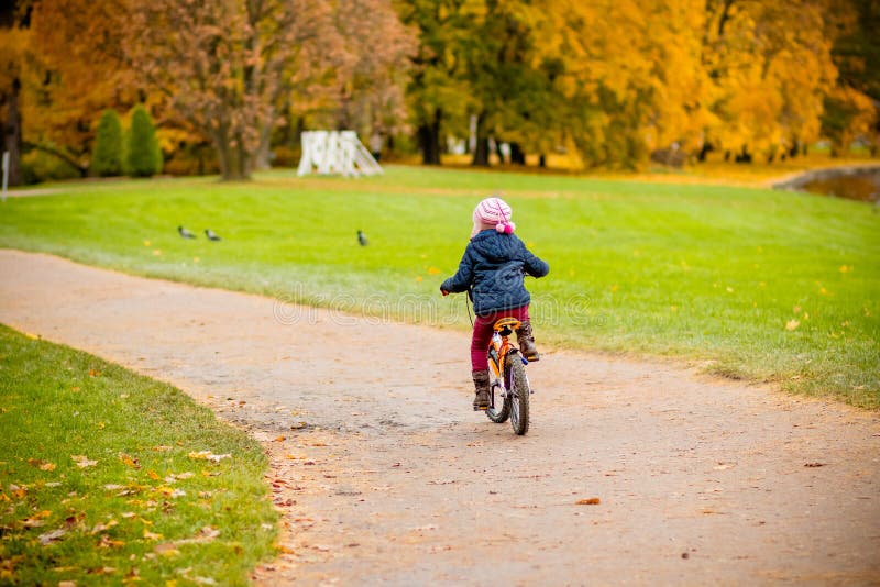 Achtermening van Meisje die een fiets in het park berijden die op de weg met van de de herfsteik en esdoorn bomen wordt behandeld stock afbeelding Achtermening van Meisje die een fiets in het park berijden die op de weg met van de de herfsteik en esdoorn bomen wordt behandeld stock afbeelding