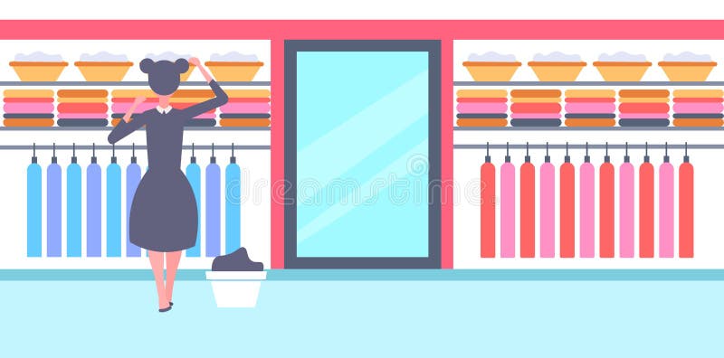 Achtermeningsmeisje in zwart-witte eenvormige organiserende schone klerenhuisvrouw in de garderobe efficiënt huis van de familiek vector illustratie Achtermeningsmeisje in zwart-witte eenvormige organiserende schone klerenhuisvrouw in de garderobe efficiënt huis van de familiek vector illustratie