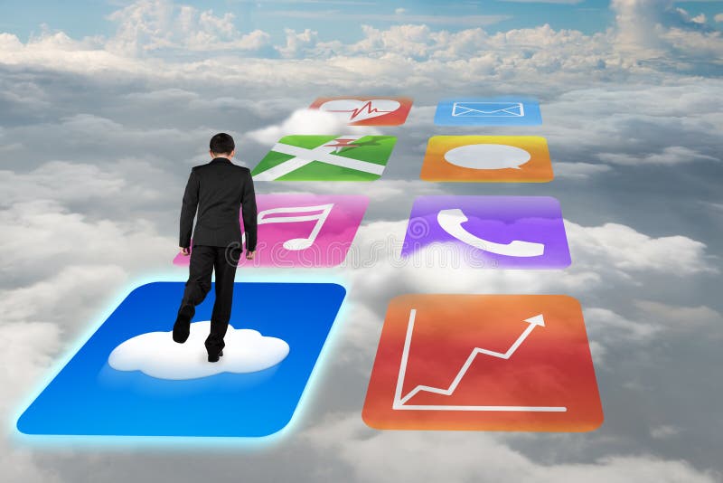 Achtermeningszakenman die op glanzende app pictogrammen met cloudscape surfen stock illustratie Achtermeningszakenman die op glanzende app pictogrammen met cloudscape surfen stock illustratie