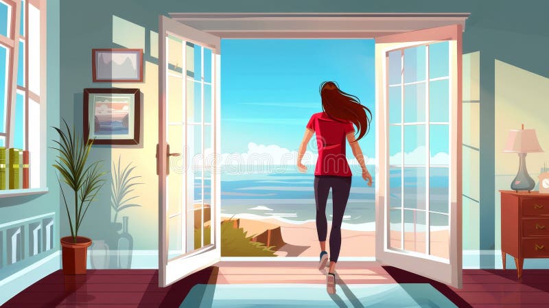 Runner girl rear view escapes home into open door with ocean view outside. Time to travel, freedom, adventure, end of pandemic, journey concept Cartoon modern illustration.. AI generated. Runner girl rear view escapes home into open door with ocean view outside. Time to travel, freedom, adventure, end of pandemic, journey concept Cartoon modern illustration.. AI generated