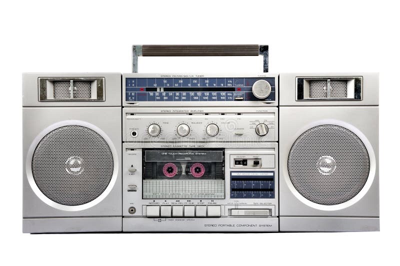 1980s Silver radio boom box with cassette isolated on white background. 1980s Silver radio boom box with cassette isolated on white background