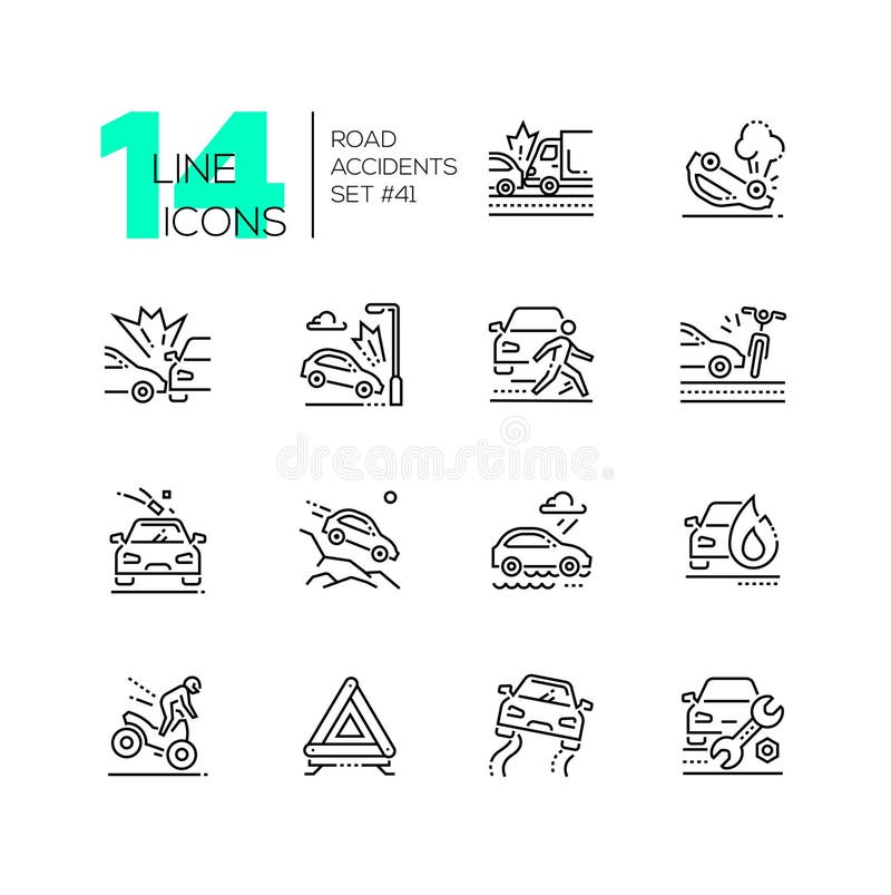Acidentes de viação - grupo de linha ícones do estilo do projeto ilustração royalty free Acidentes de viação - grupo de linha ícones do estilo do projeto ilustração royalty free