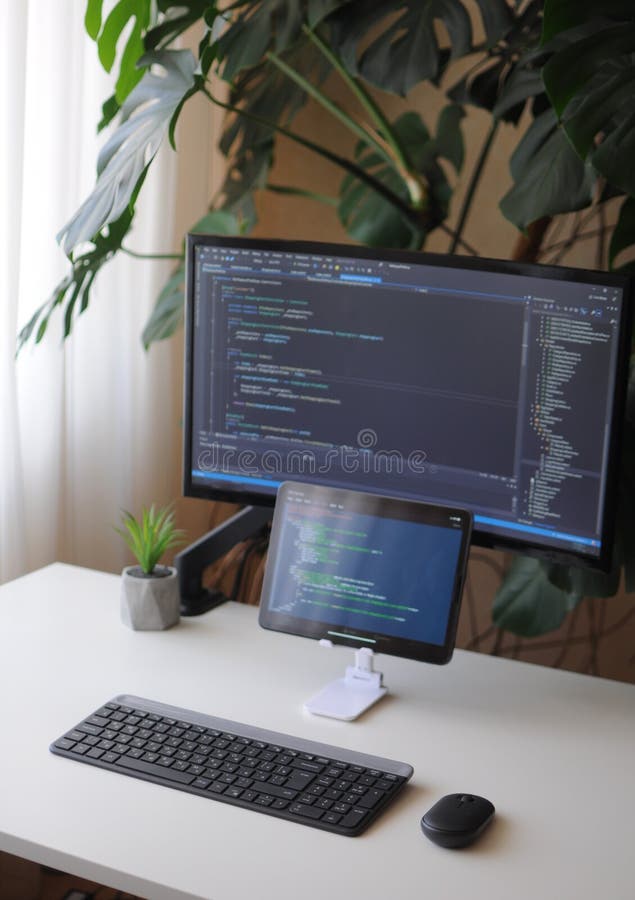 El Desarrollador Está Codificando Usando Pantalla Y Tableta. Freelancer  Trabaja Desde Casa Foto de archivo - Imagen de monitor, pantalla: 217415328
