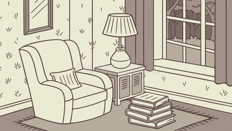 Acogedor salón y escenario de lámparas interior y relajación. diseño vectorial IA generativa. Un sillón acogedor con una lámpara en una sala que representa el interior del hogar el descanso, los espacios cómodos y el ambiente de un rincón de lectura.