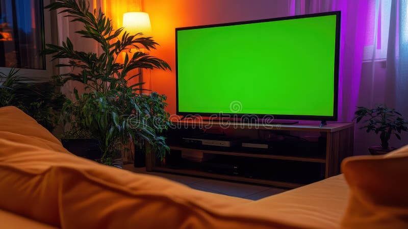 Acogedora sala de estar con TV de pantalla verde en las plantas interiores Relajación del interior del hogar foto de archivo