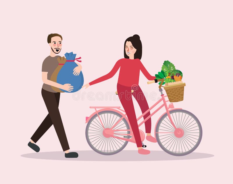 Acople da bicicleta vegetal da equitação da compra o homem e a fêmea saudáveis felizes da compra ilustração royalty free Acople da bicicleta vegetal da equitação da compra o homem e a fêmea saudáveis felizes da compra ilustração royalty free