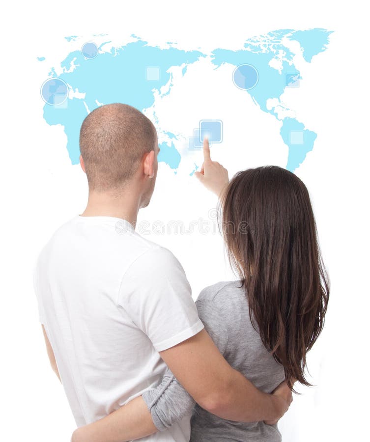 Acople a vista de um mapa de mundo da tela de toque foto de stock Acople a vista de um mapa de mundo da tela de toque foto de stock