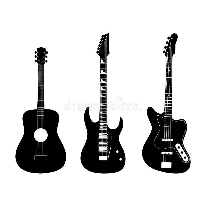 Acoustic, electric and bass guitar in black color vector illustration Acoustic, electric and bass guitar in black color vector illustration