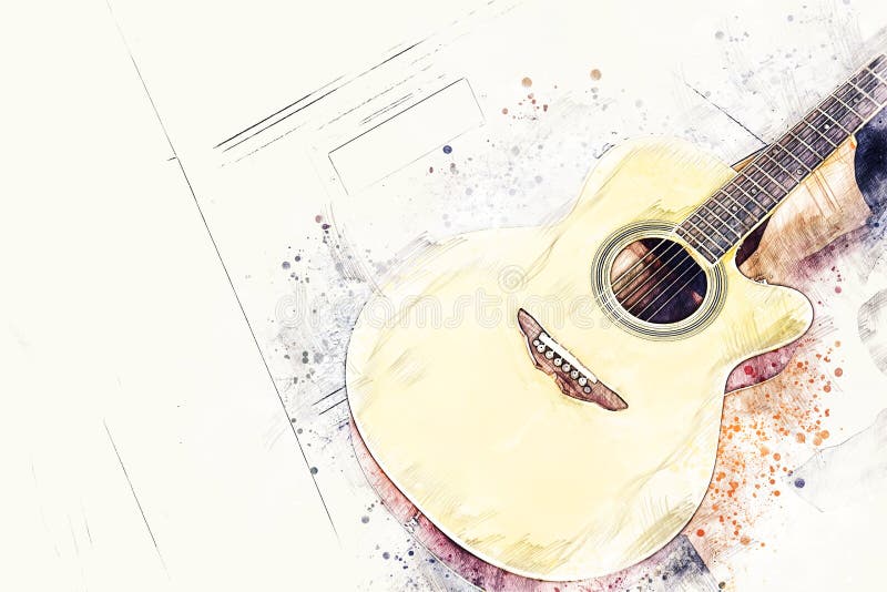 Acoustic guitar in the foreground on Watercolor painting background and Digital illustration brush to art. Abstract beautiful acoustic guitar in the foreground royalty free stock photos Acoustic guitar in the foreground on Watercolor painting background and Digital illustration brush to art. Abstract beautiful acoustic guitar in the foreground royalty free stock photos