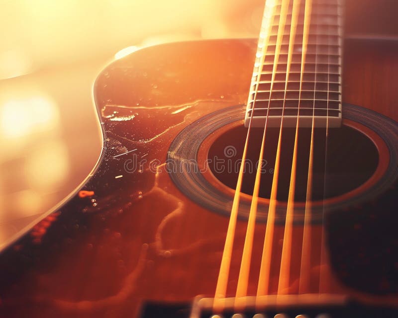 Acoustic guitar midstrum, warm sunlight, soft background , clean sharp focus royalty free illustration