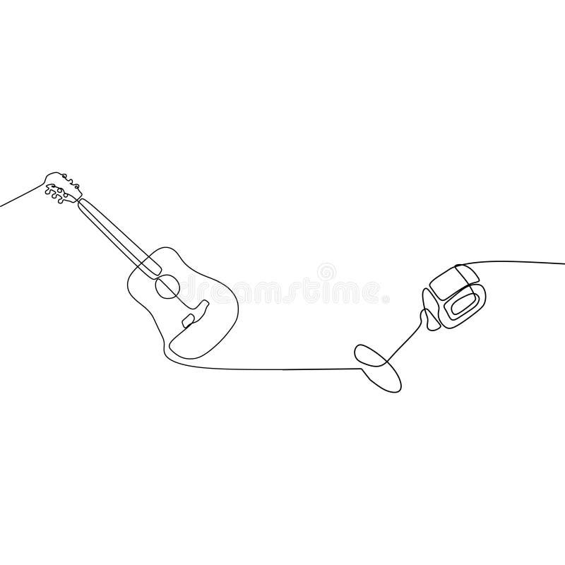 Acoustic guitar small microphone continuous one line vector drawing. Pianoforte hand drawn silhouette clipart. Acoustic musical