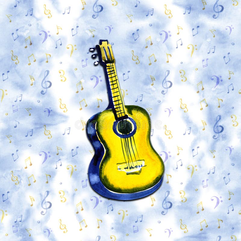Acoustic guitar watercolor illustration on blue note background stock illustration Acoustic guitar watercolor illustration on blue note background stock illustration