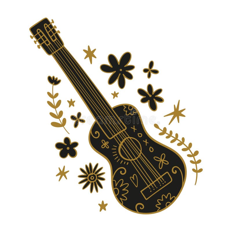 Acoustic ornate folk girly guitar with flowers, doodle funky flat vector art on white background, groovy hippie or