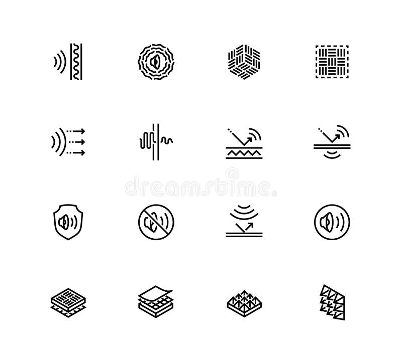 Acoustics and Acoustical Properties of Materials. Icons in Outline Style