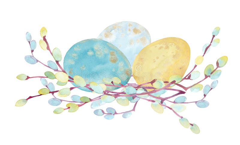 Acquavite con uova colorate di pasqua e ramificazioni di salice con ramificazioni illustrazione vettoriale