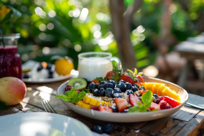 Acquavite di frutta fresca servita all'aperto con bacche vibranti frutta tropicale e yogurt, godendosi dell'atmosfera di naturersq fotografia stock libera da diritti