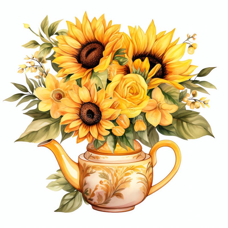 Acquavite girasole giallo teiera cottagecore stile floreparto illustrazione vettoriale