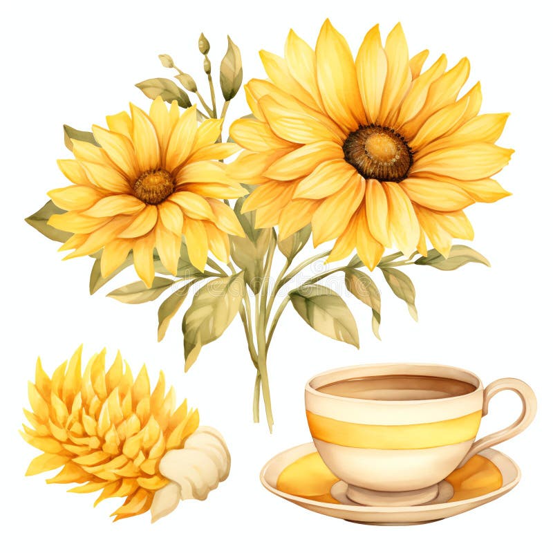 Acquavite girasole giallo tè party cottagecore floreale illustrazione vettoriale