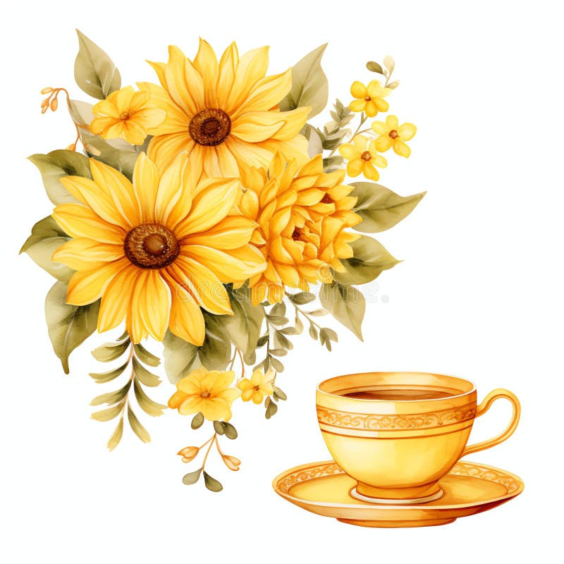 Acquavite girasole giallo tè party cottagecore floreale illustrazione vettoriale