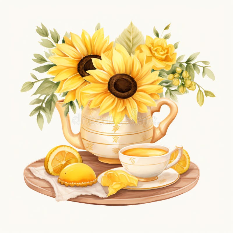 Acquavite girasole giallo tè party cottagecore floreale illustrazione vettoriale