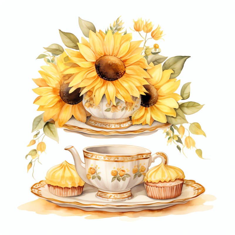Acquavite girasole giallo tè party cottagecore floreale illustrazione vettoriale