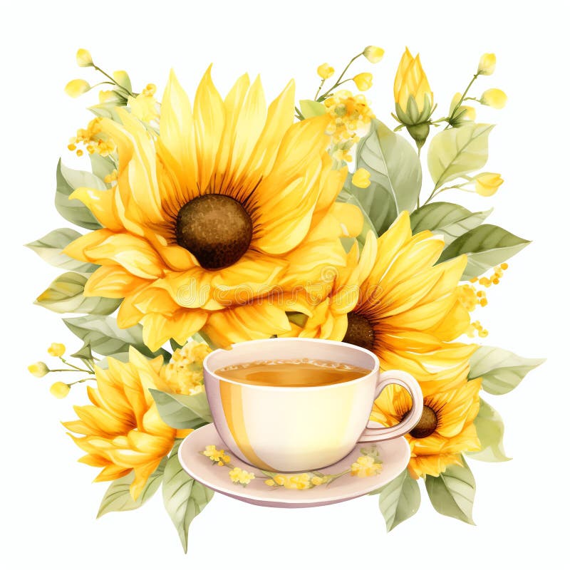Acquavite girasole giallo tè party cottagecore floreale illustrazione di stock