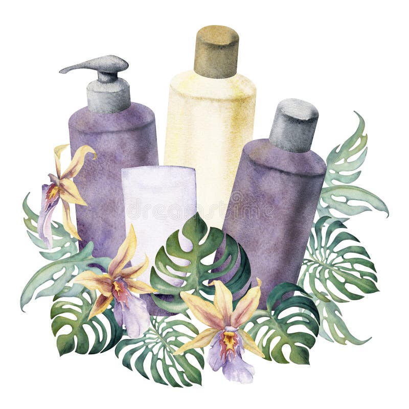 Acquavite a mano di acquavite di schincare di prodotti di bellezza per il bagno floreali. composizione orizzontale isolata su bian royalty illustrazione gratis
