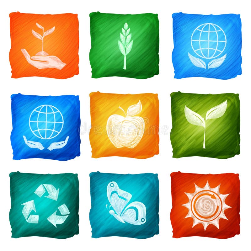 Ecology environmental renewable energy icons watercolor set isolated vector illustration. Ecology environmental renewable energy icons watercolor set isolated vector illustration.