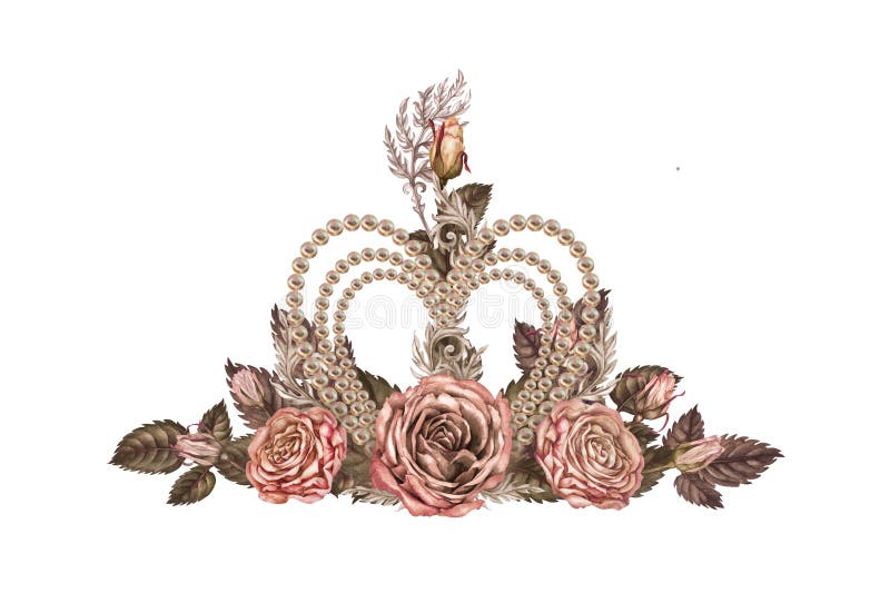 Acquerello di rosa bruna rosa rosa con cuore di perla nella tavolozza di mocha mousse. clipart botanica per illustrazione vettoriale