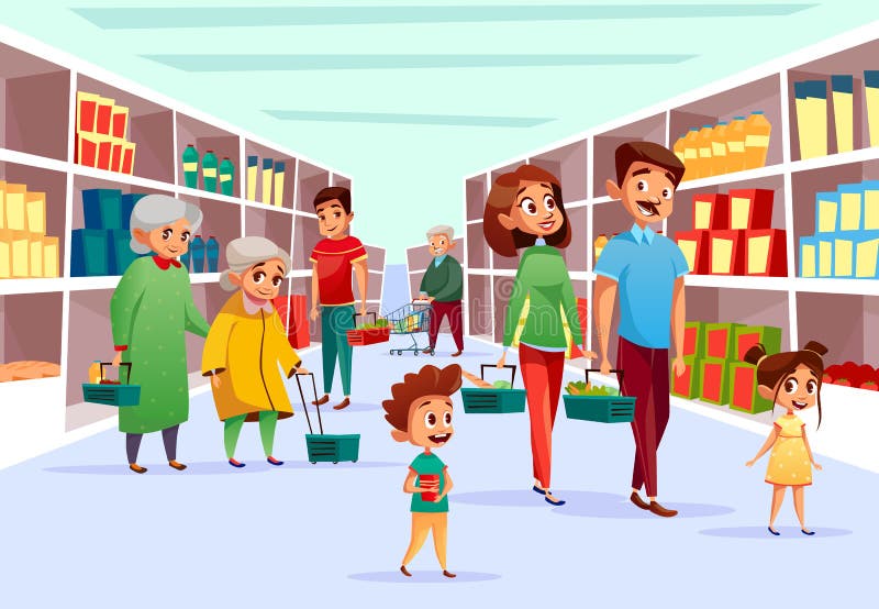People in supermarket vector illustration. Flat cartoon design of family mother, father and children or old women in supermarket with shopping baskets and carts at grocery shop product shelf. People in supermarket vector illustration. Flat cartoon design of family mother, father and children or old women in supermarket with shopping baskets and carts at grocery shop product shelf