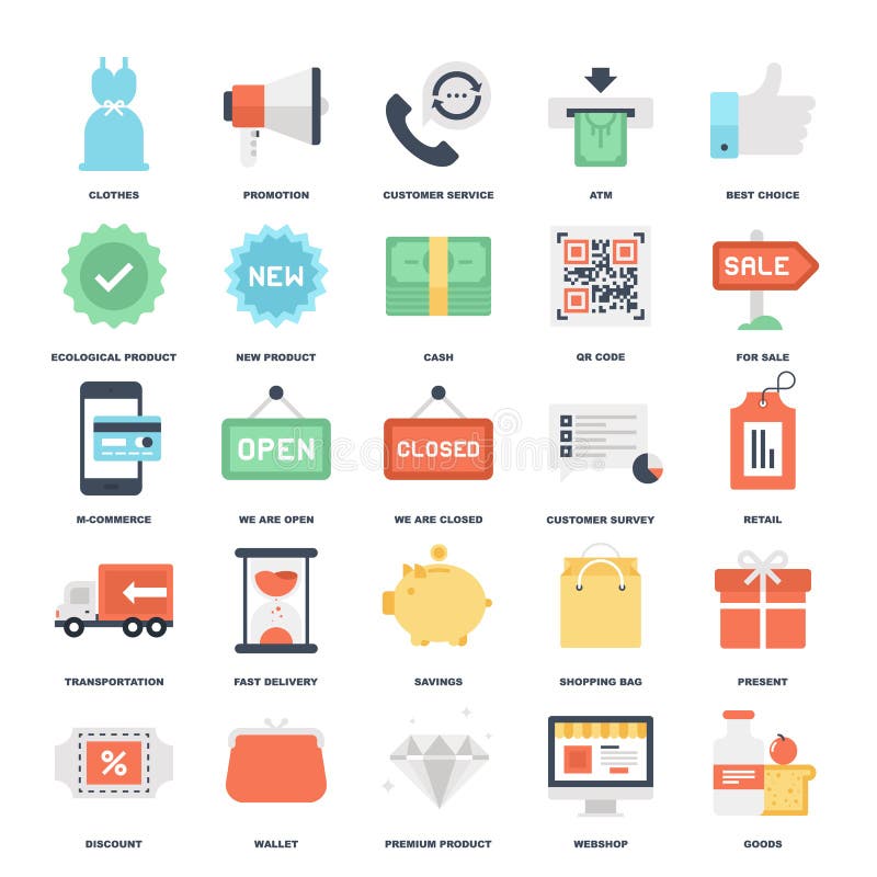 Abstract vector set of colorful flat shopping and commerce icons. Creative concepts and design elements for mobile and web applications. Abstract vector set of colorful flat shopping and commerce icons. Creative concepts and design elements for mobile and web applications.