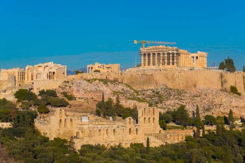 View of the Acropolis Hill and the Odeon of Herodes in Athens Greece ...