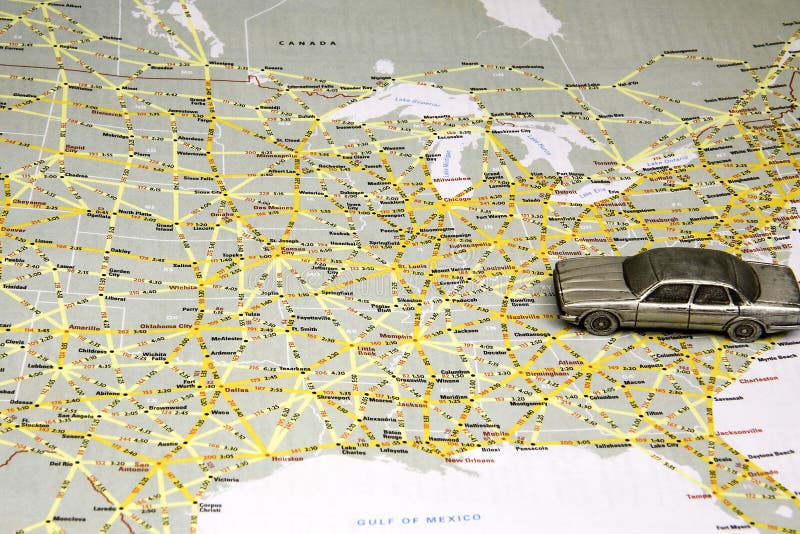 Model sedan on map of US highways. Model sedan on map of US highways.