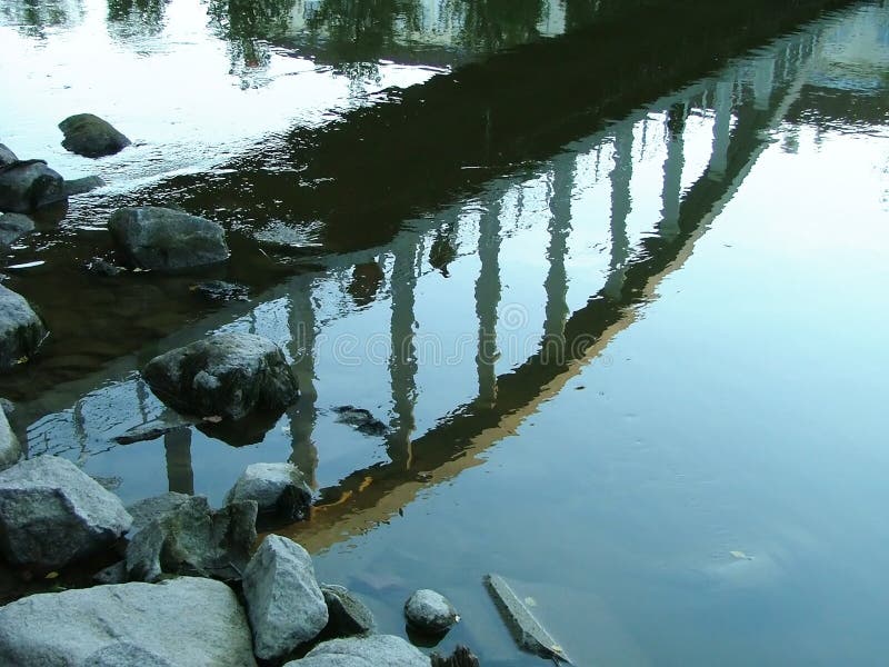 Bridge's reflection across the river. Mirroring object stock images, royalty-free photos and pictures