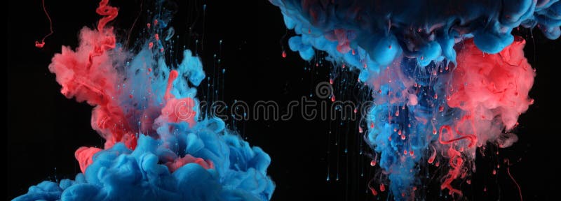 Acrylic blue and red colors in water. Ink blot. Abstract black background