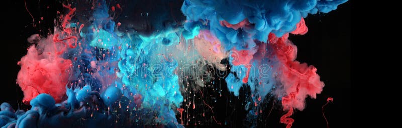 Acrylic blue and red colors in water. Ink blot. Abstract black background