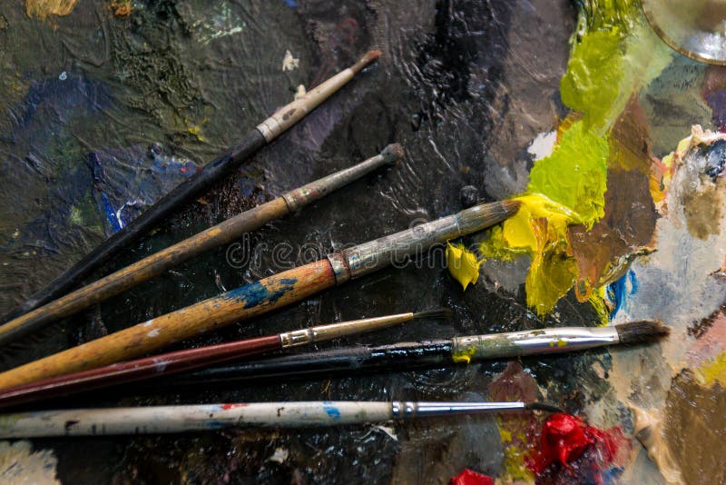 Acrylic Paint and Brushes on Wooden Palette Stock Image Image of