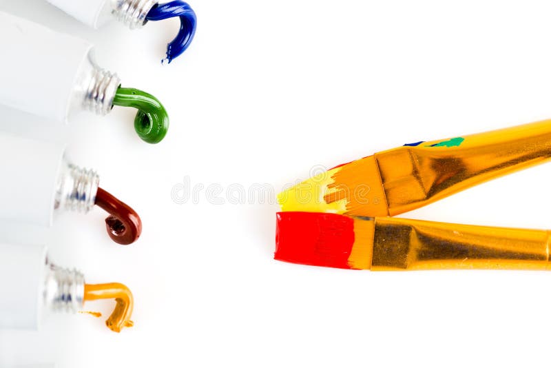 Acrylic Paint in Tubes and Brushes Stock Photo Image of color