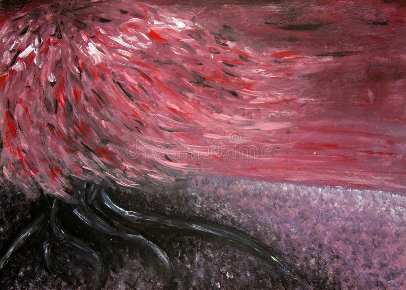 Acrylic painting of an imaginary landscape with tree, love, broken heart, passion, danger. Acrylic painting of fantasy landscape with black and red weeping royalty free stock photos
