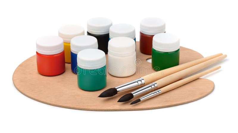 Acrylic paints, brushes and pallet royalty free stock image