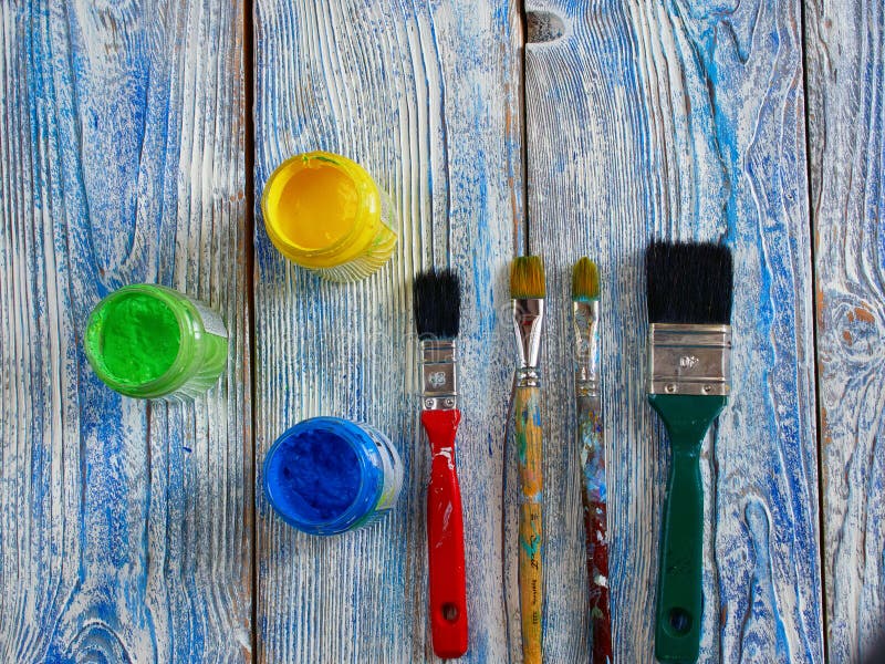 Acrylic Paints Colored Brushes Authentic Background Hand Made Copyspace