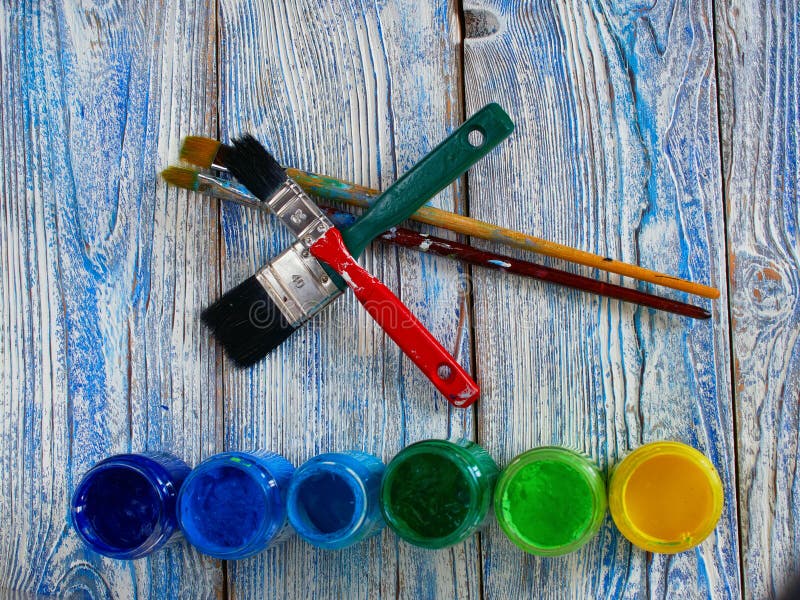 Acrylic Paints Colored Brushes Authentic Background Hand Made Copyspace